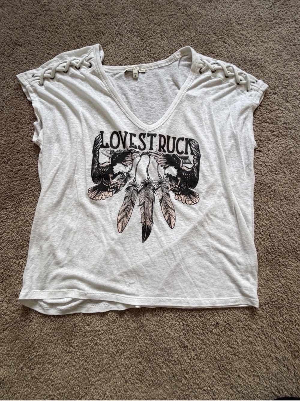 Express White Lace-Up Shoulder Graphic V-Neck Tee